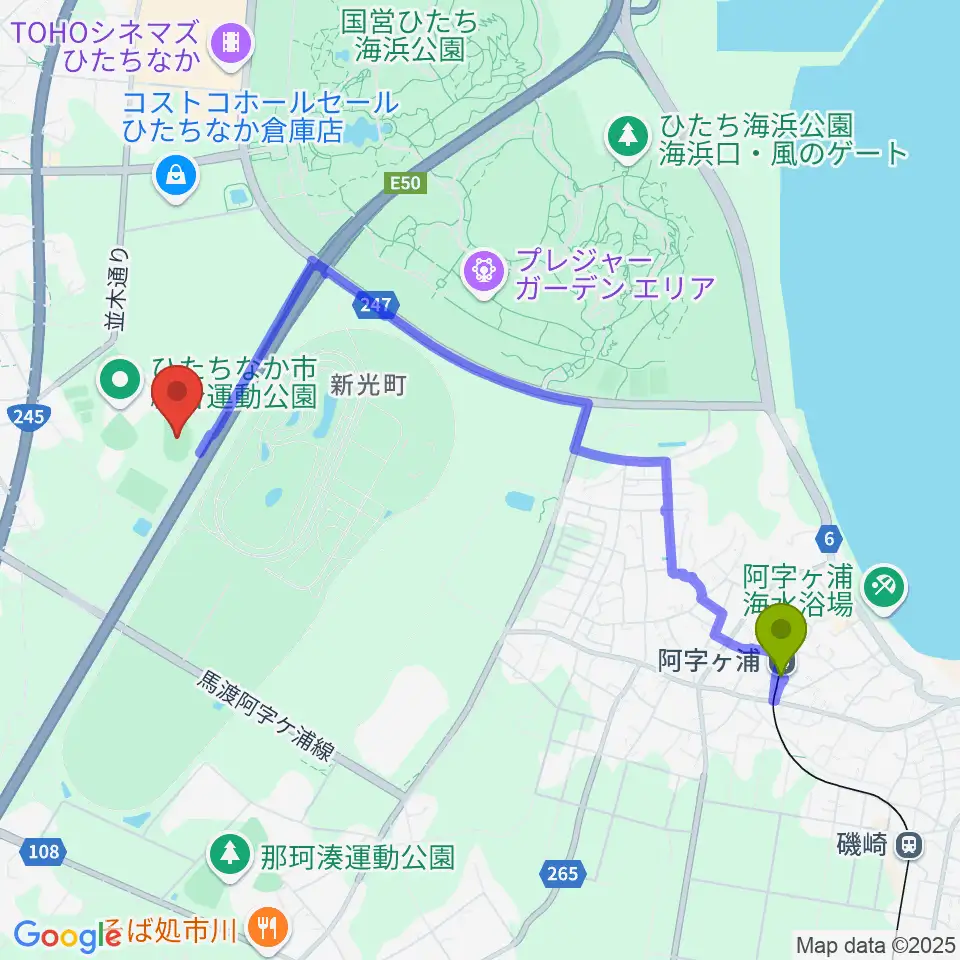 ひたちなか市陸上競技場の最寄駅阿字ヶ浦駅からの徒歩ルート（約42分）地図