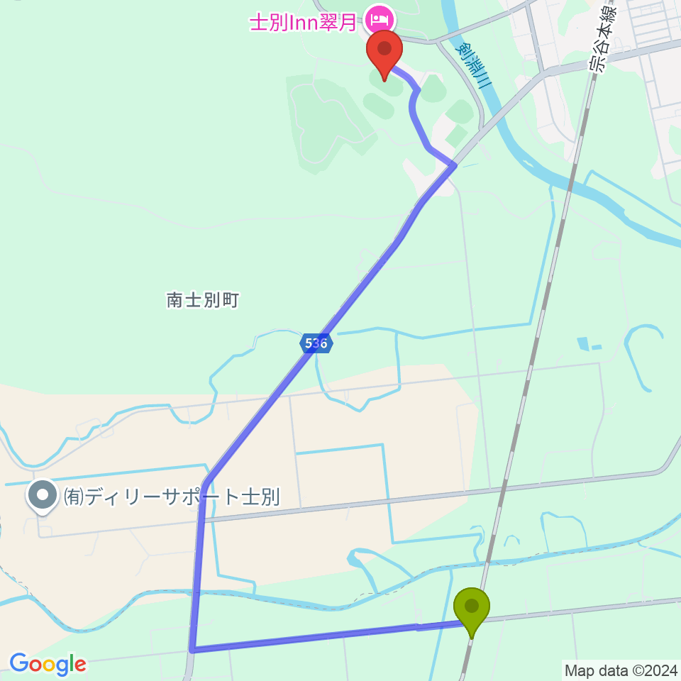 北剣淵駅から士別市陸上競技場へのルートマップ地図