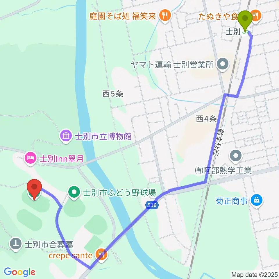 士別市陸上競技場の最寄駅士別駅からの徒歩ルート（約27分）地図