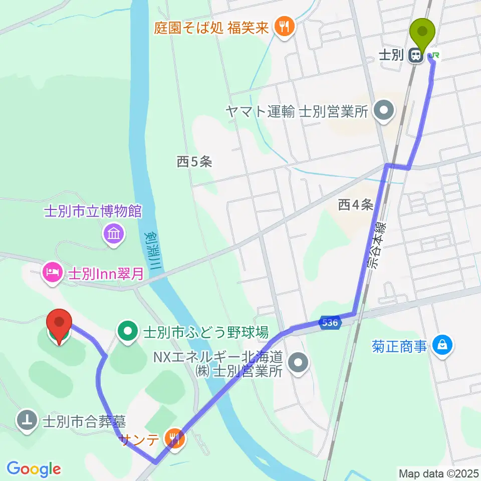士別市陸上競技場の最寄駅士別駅からの徒歩ルート（約27分）地図
