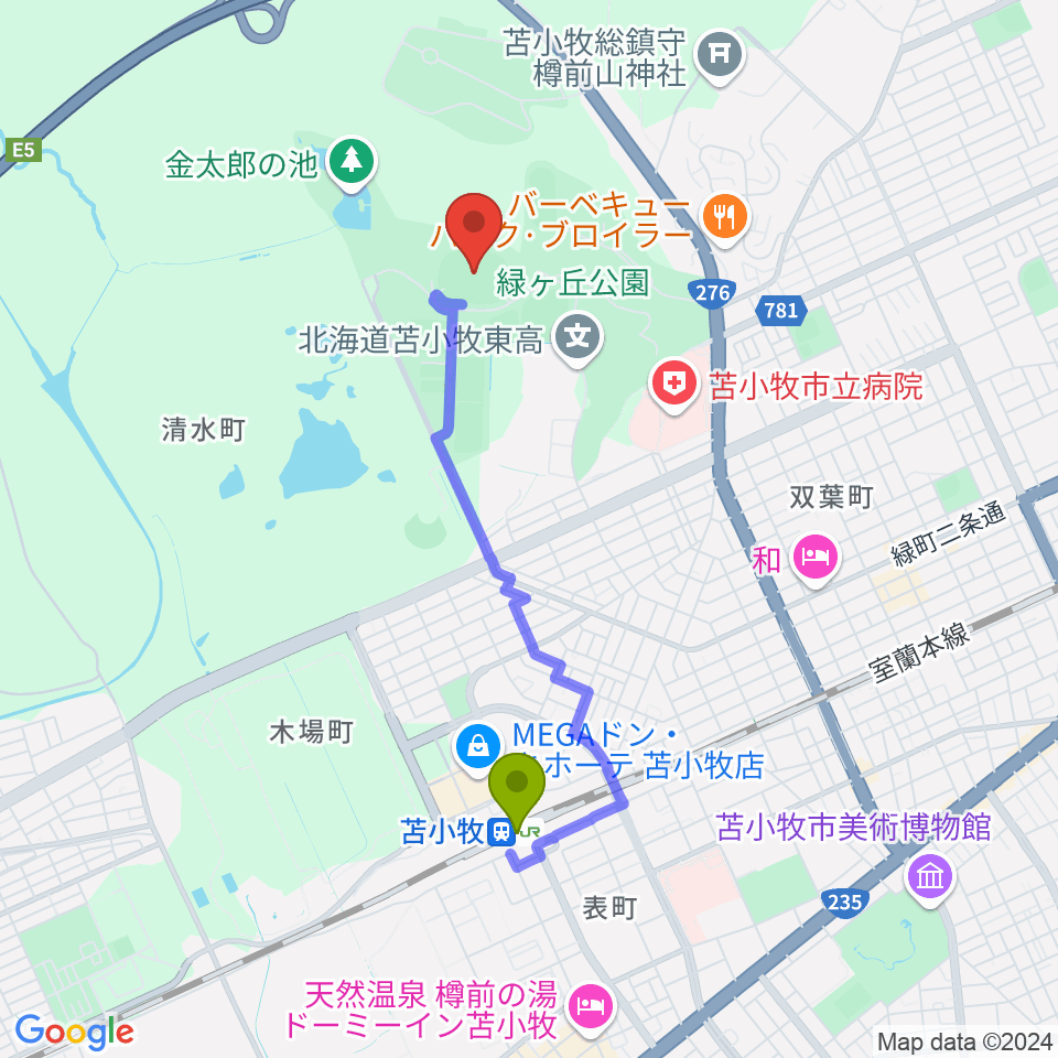 ヤクルト緑ケ丘陸上競技場の最寄駅苫小牧駅からの徒歩ルート（約30分）地図