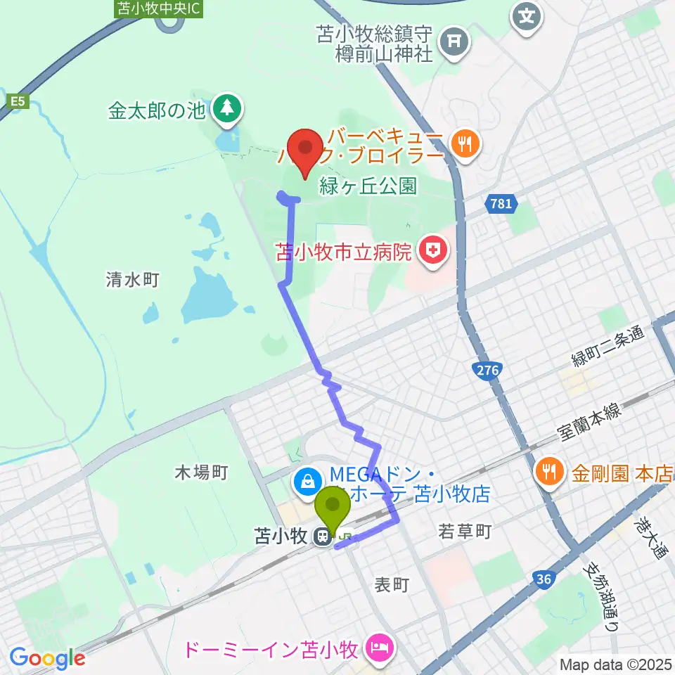 ヤクルト緑ケ丘陸上競技場の最寄駅苫小牧駅からの徒歩ルート（約30分）地図