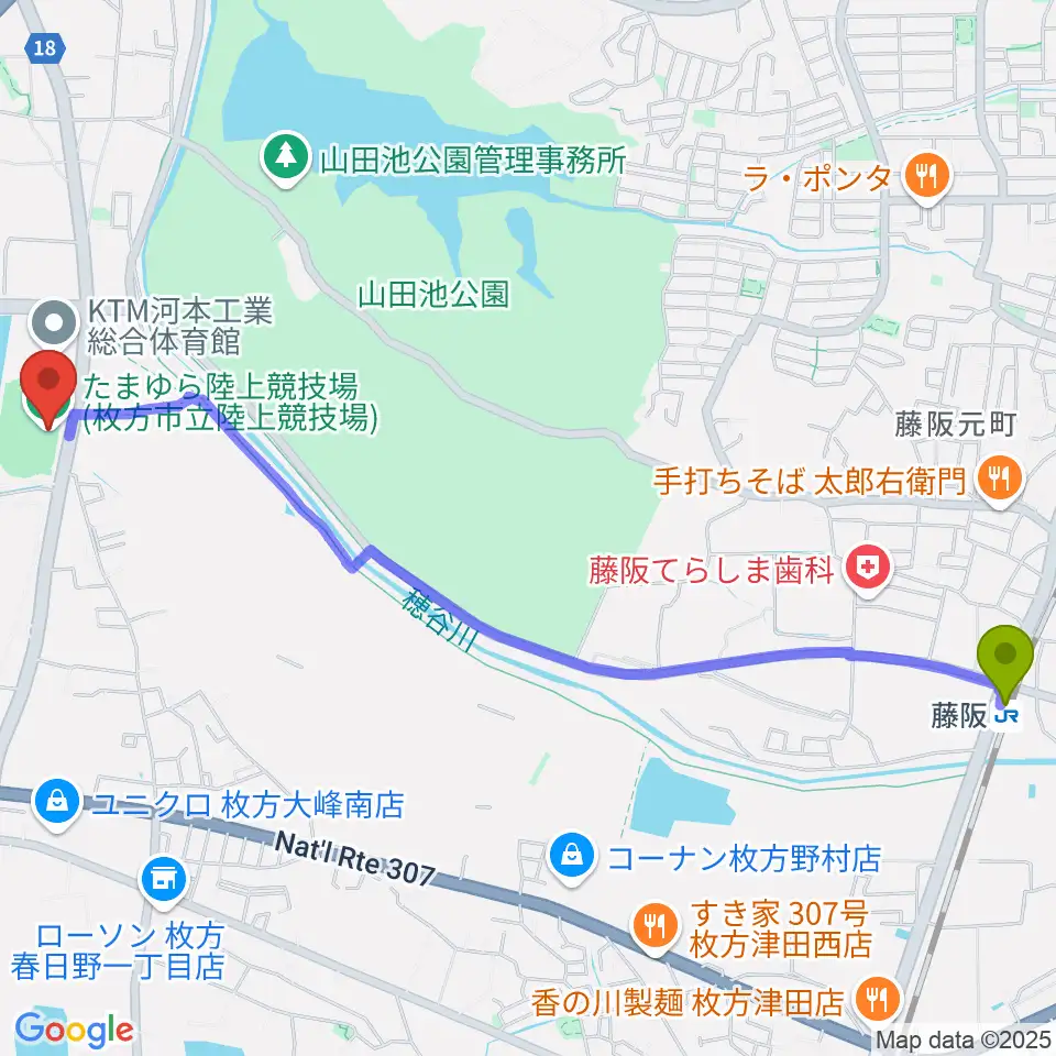 たまゆら陸上競技場の最寄駅藤阪駅からの徒歩ルート（約30分）地図