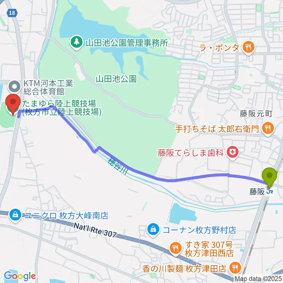 たまゆら陸上競技場の最寄駅藤阪駅からの徒歩ルート（約30分）地図