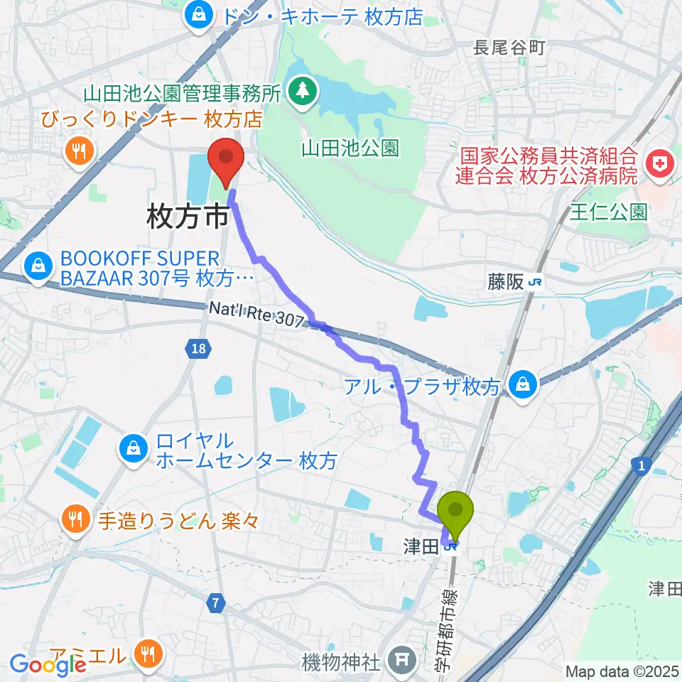 津田駅からたまゆら陸上競技場へのルートマップ地図