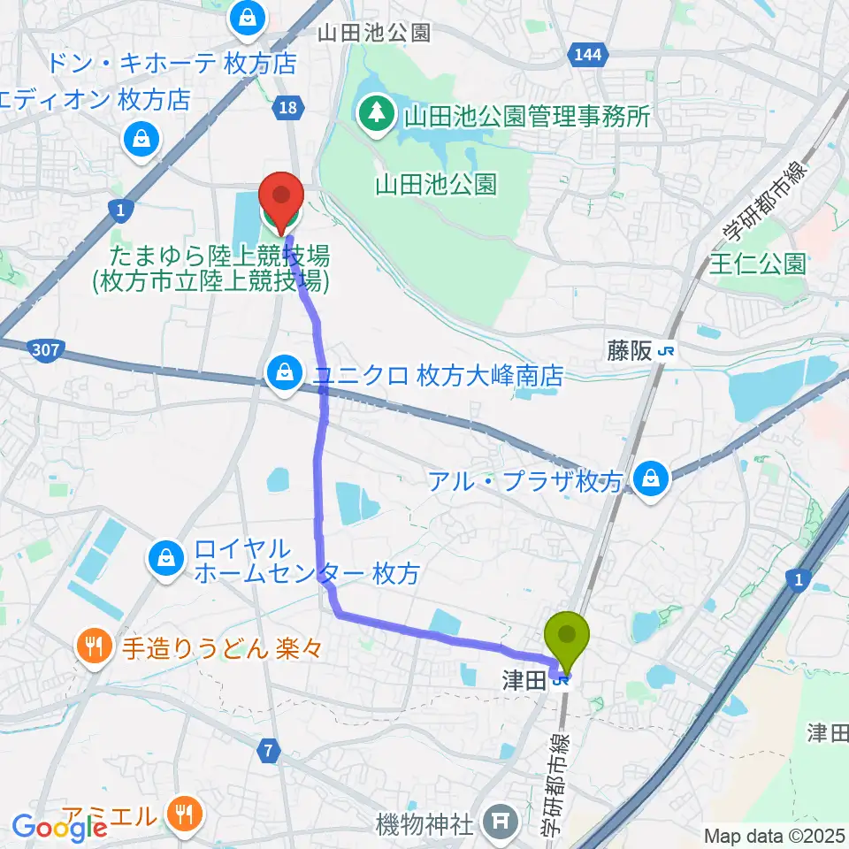 津田駅からたまゆら陸上競技場へのルートマップ地図