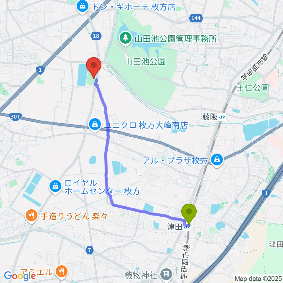 津田駅からたまゆら陸上競技場へのルートマップ地図