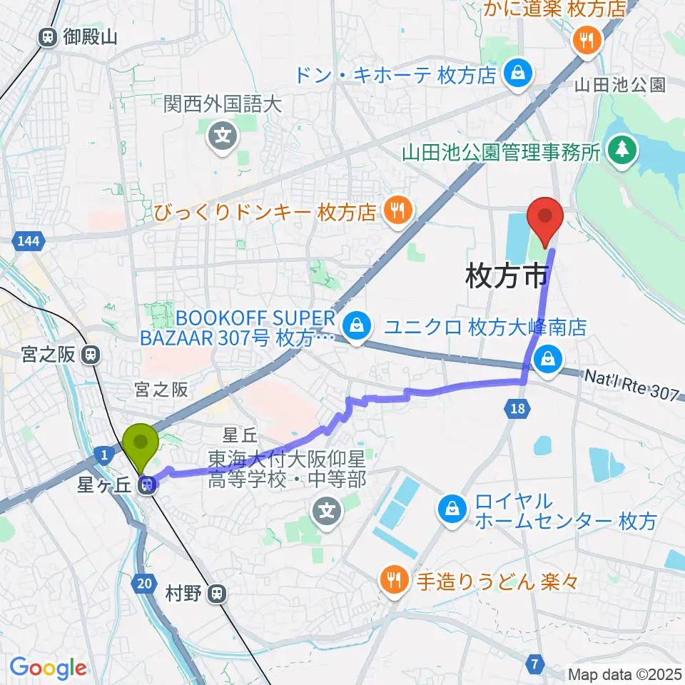 星ヶ丘駅からたまゆら陸上競技場へのルートマップ地図