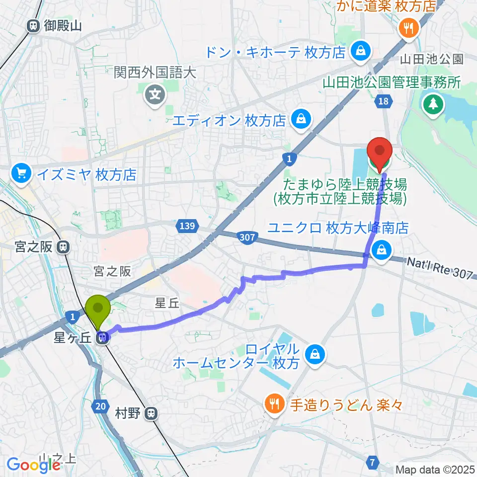 星ヶ丘駅からたまゆら陸上競技場へのルートマップ地図