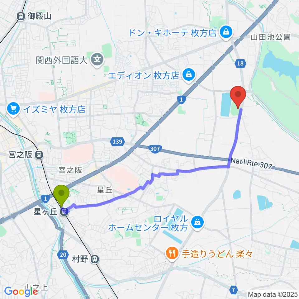星ヶ丘駅からたまゆら陸上競技場へのルートマップ地図