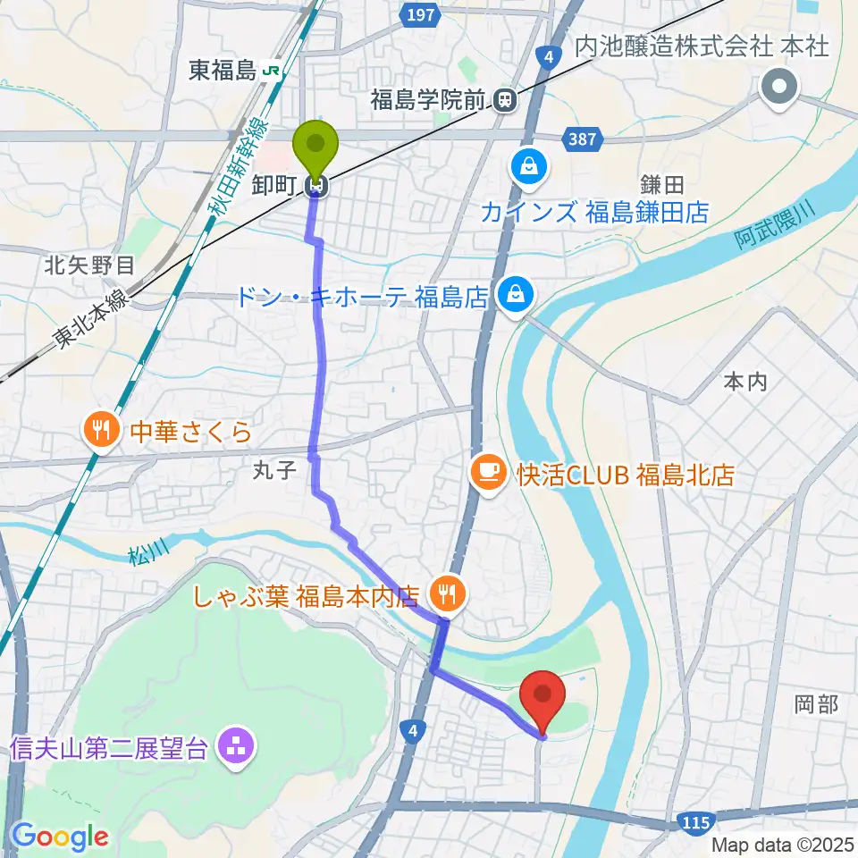 誠電社WINDYスタジアムの最寄駅卸町駅からの徒歩ルート（約42分）地図