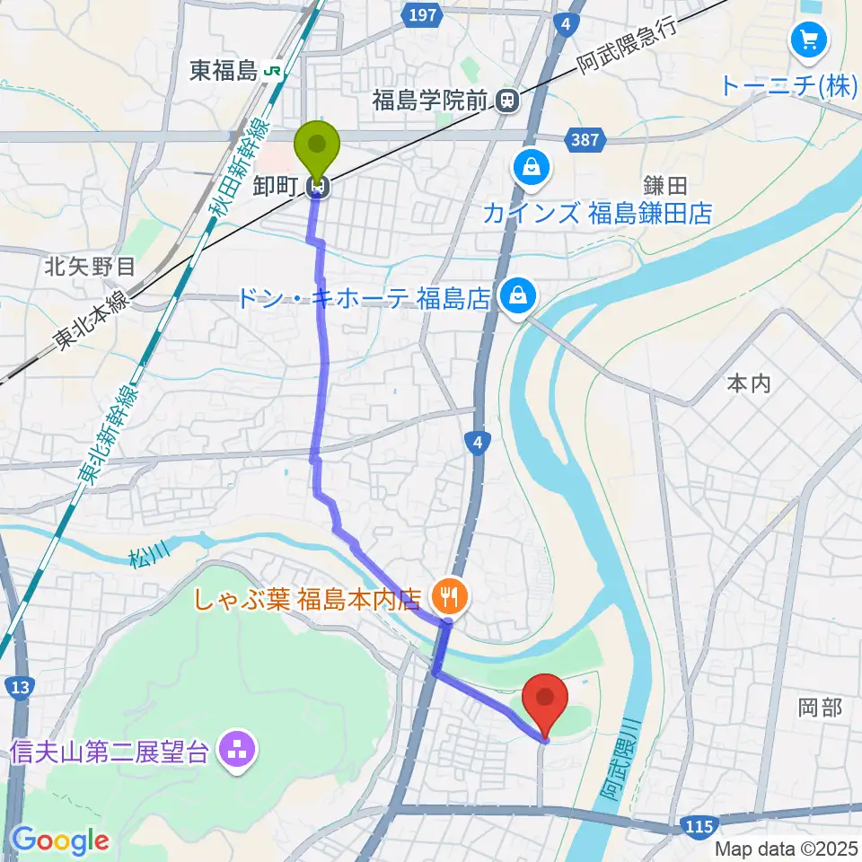 誠電社WINDYスタジアムの最寄駅卸町駅からの徒歩ルート（約42分）地図