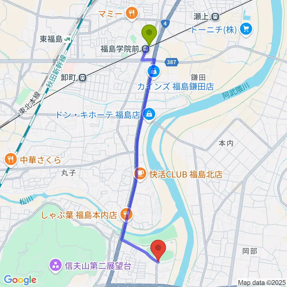 福島学院前駅から誠電社WINDYスタジアムへのルートマップ地図