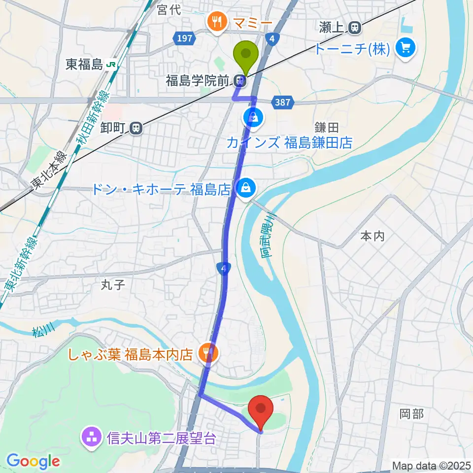 福島学院前駅から誠電社WINDYスタジアムへのルートマップ地図