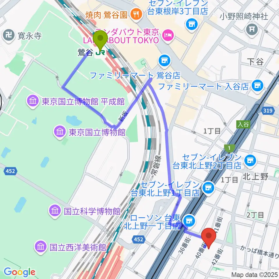 鶯谷駅から飛行船シアターへのルートマップ地図