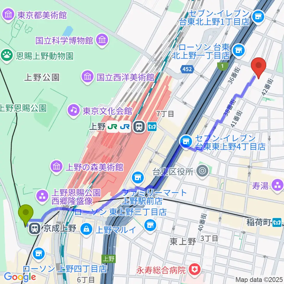 京成上野駅から飛行船シアターへのルートマップ地図