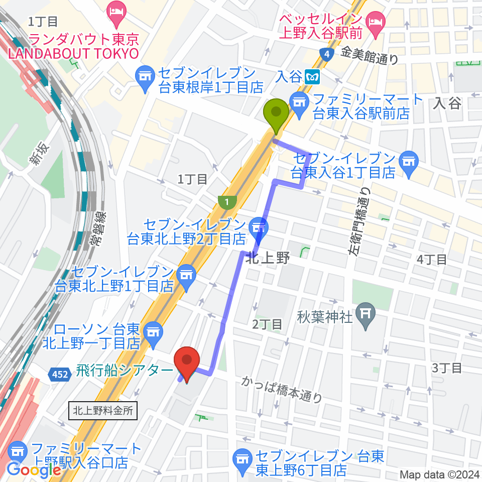 入谷駅から飛行船シアターへのルートマップ地図