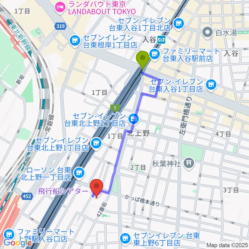 入谷駅から飛行船シアターへのルートマップ地図