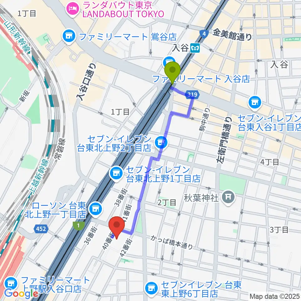 入谷駅から飛行船シアターへのルートマップ地図