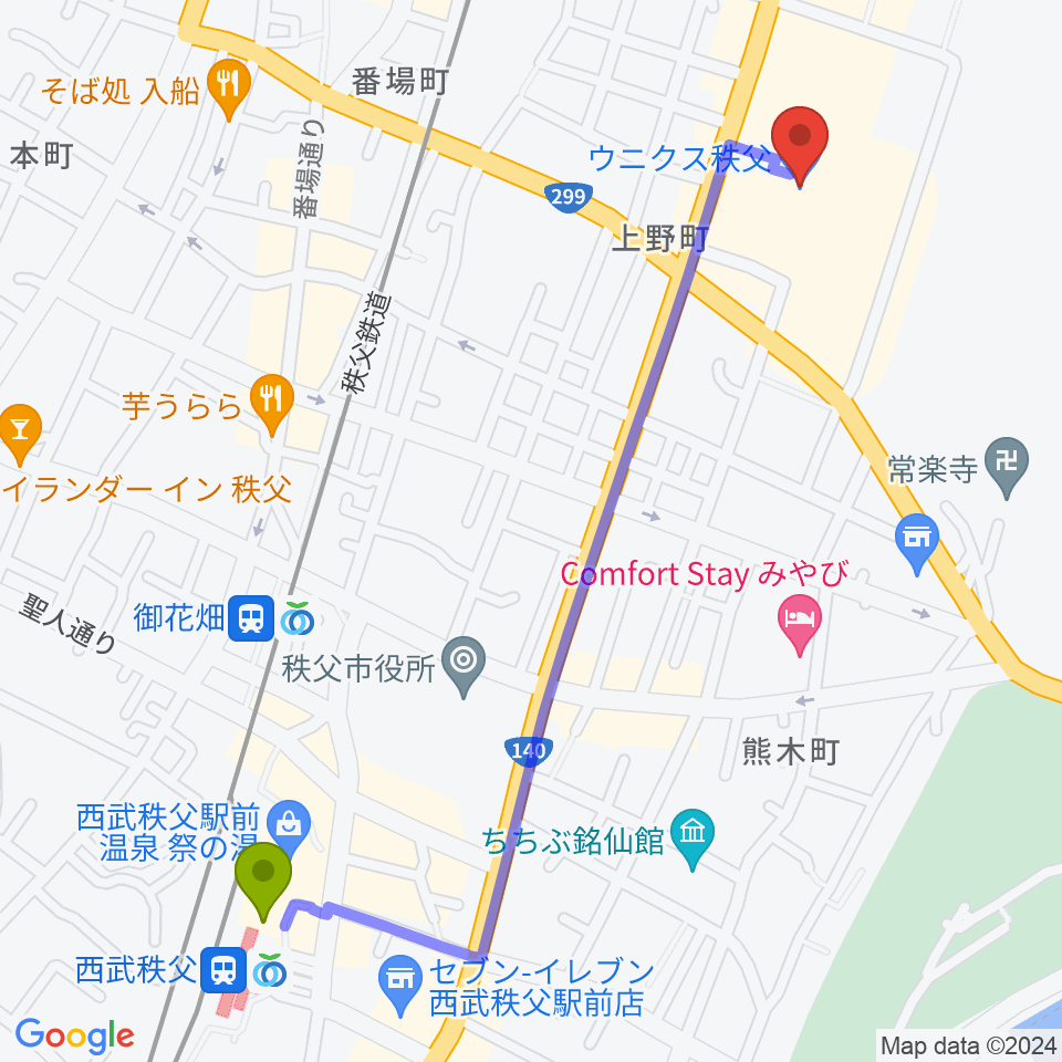 西武秩父駅からユナイテッド・シネマ　ウニクス秩父へのルートマップ地図