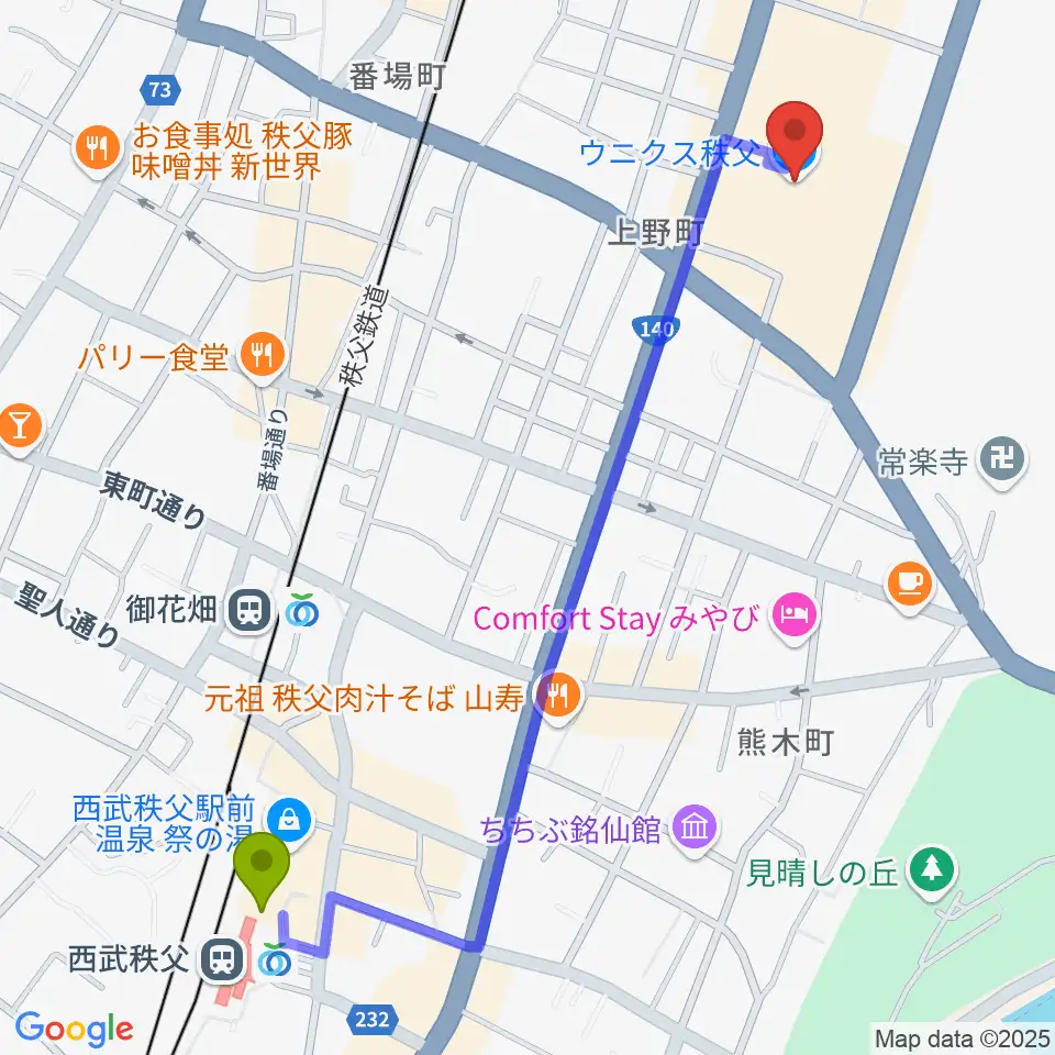 西武秩父駅からユナイテッド・シネマ　ウニクス秩父へのルートマップ地図