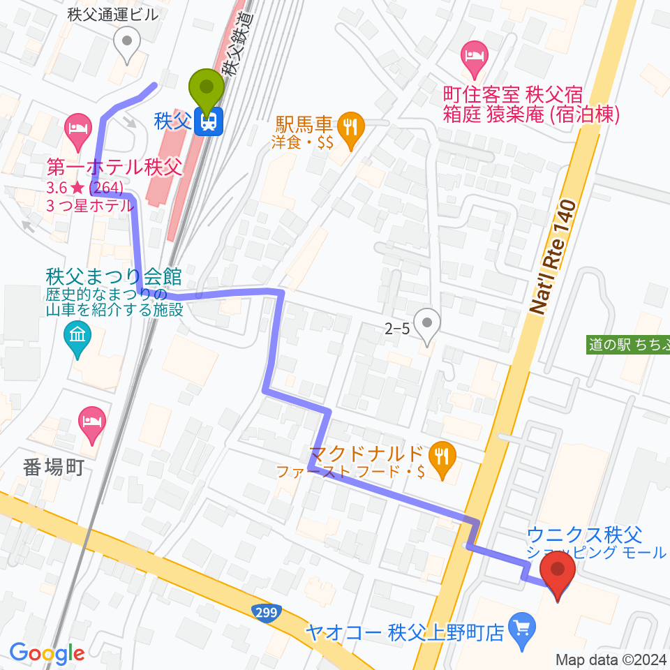 ユナイテッド・シネマ　ウニクス秩父の最寄駅秩父駅からの徒歩ルート（約7分）地図