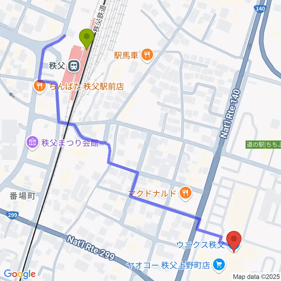 ユナイテッド・シネマ　ウニクス秩父の最寄駅秩父駅からの徒歩ルート（約7分）地図