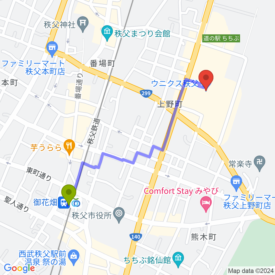 御花畑駅からユナイテッド・シネマ　ウニクス秩父へのルートマップ地図