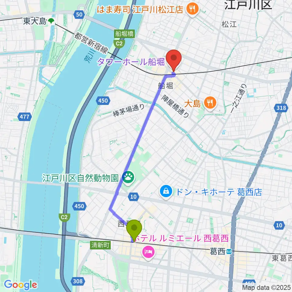 西葛西駅から船堀シネパルへのルートマップ地図