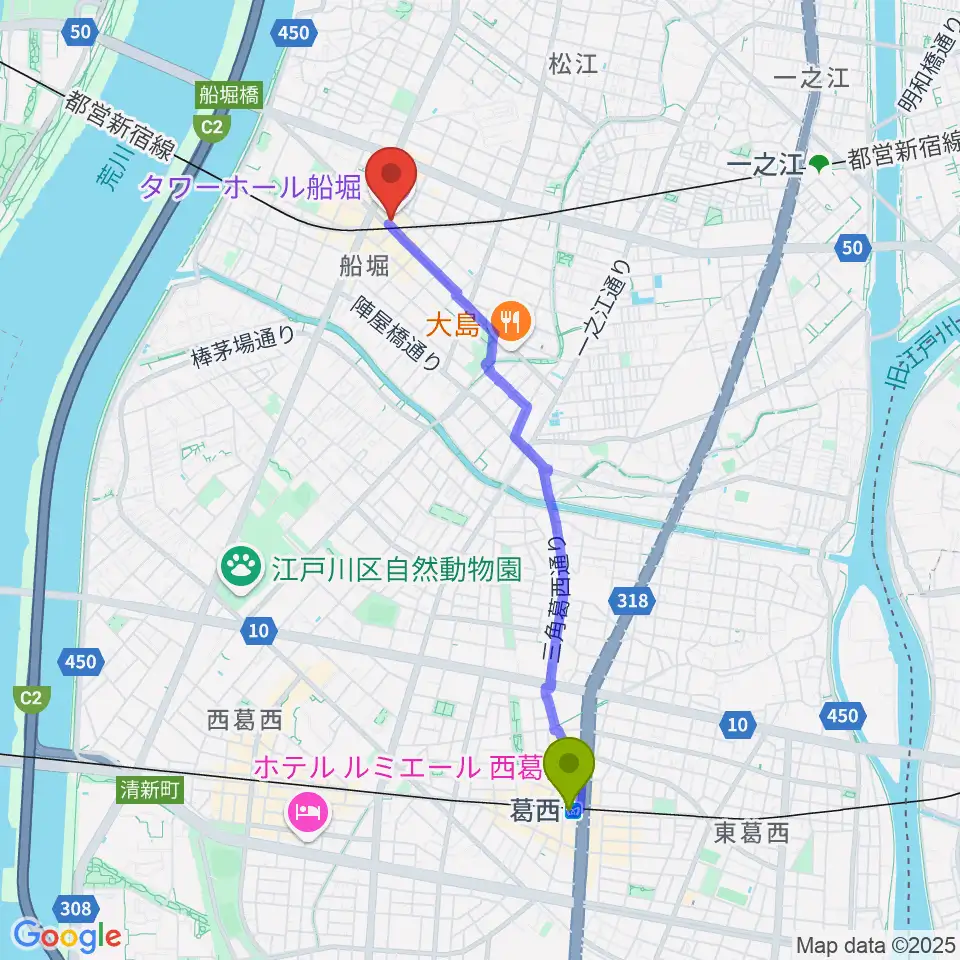 葛西駅から船堀シネパルへのルートマップ地図