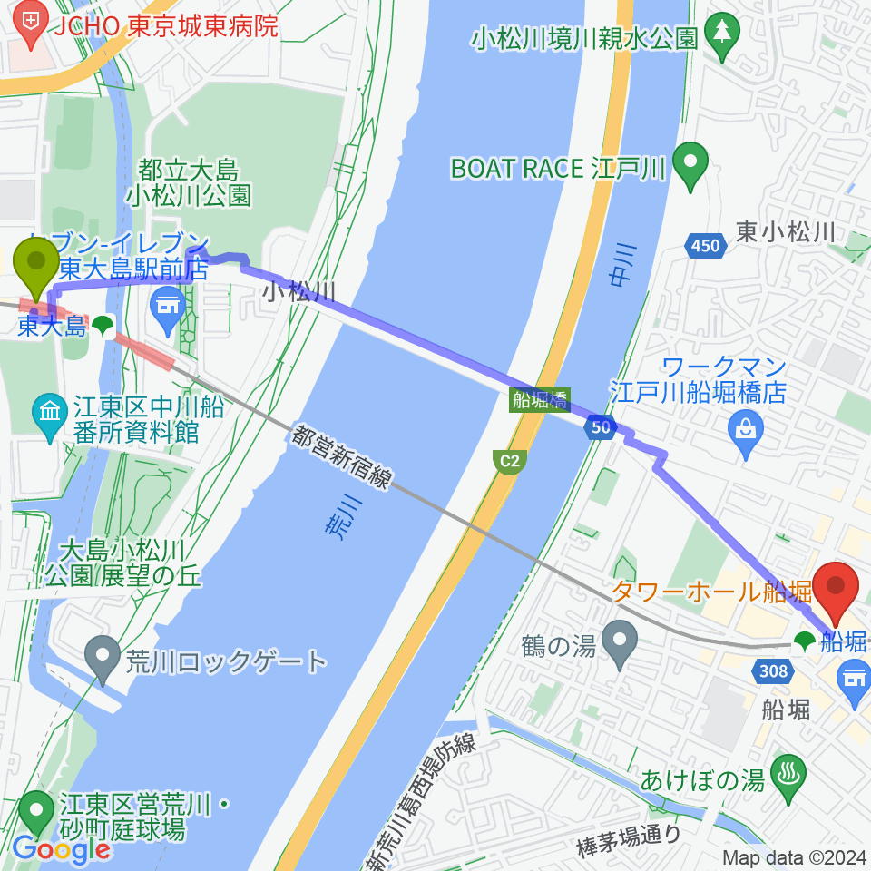 東大島駅から船堀シネパルへのルートマップ地図