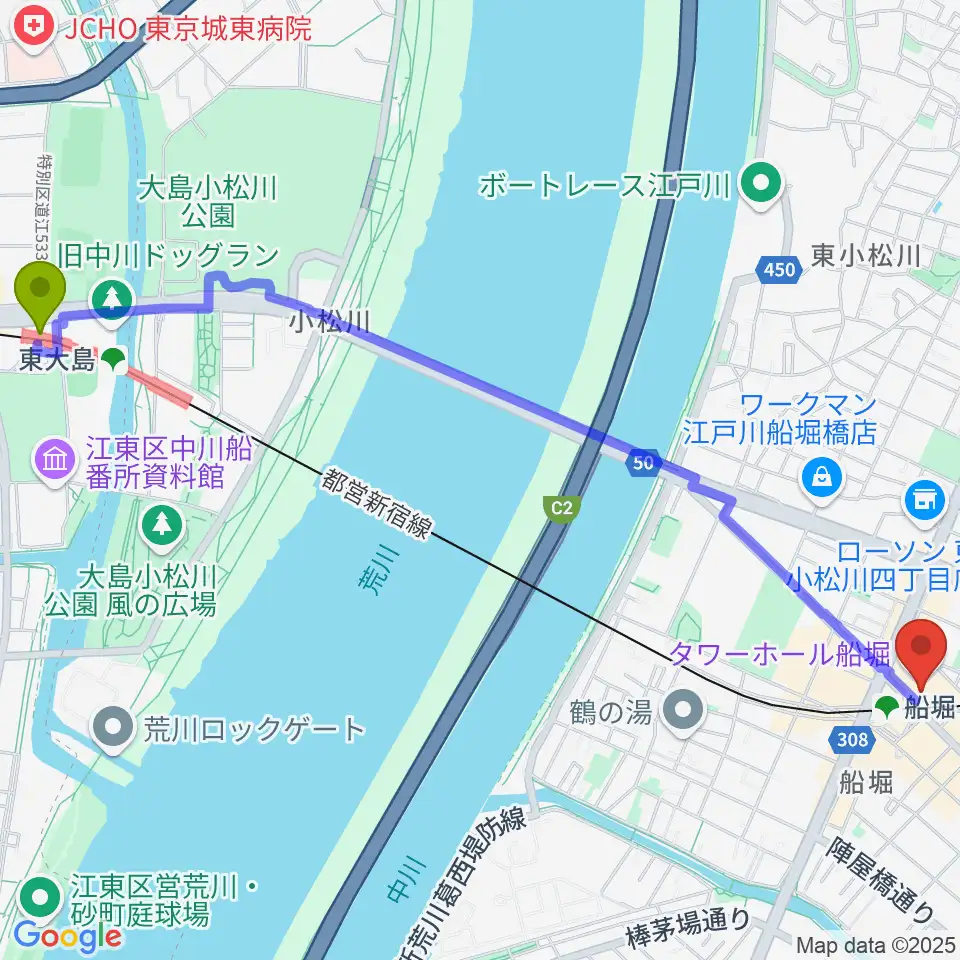 東大島駅から船堀シネパルへのルートマップ地図