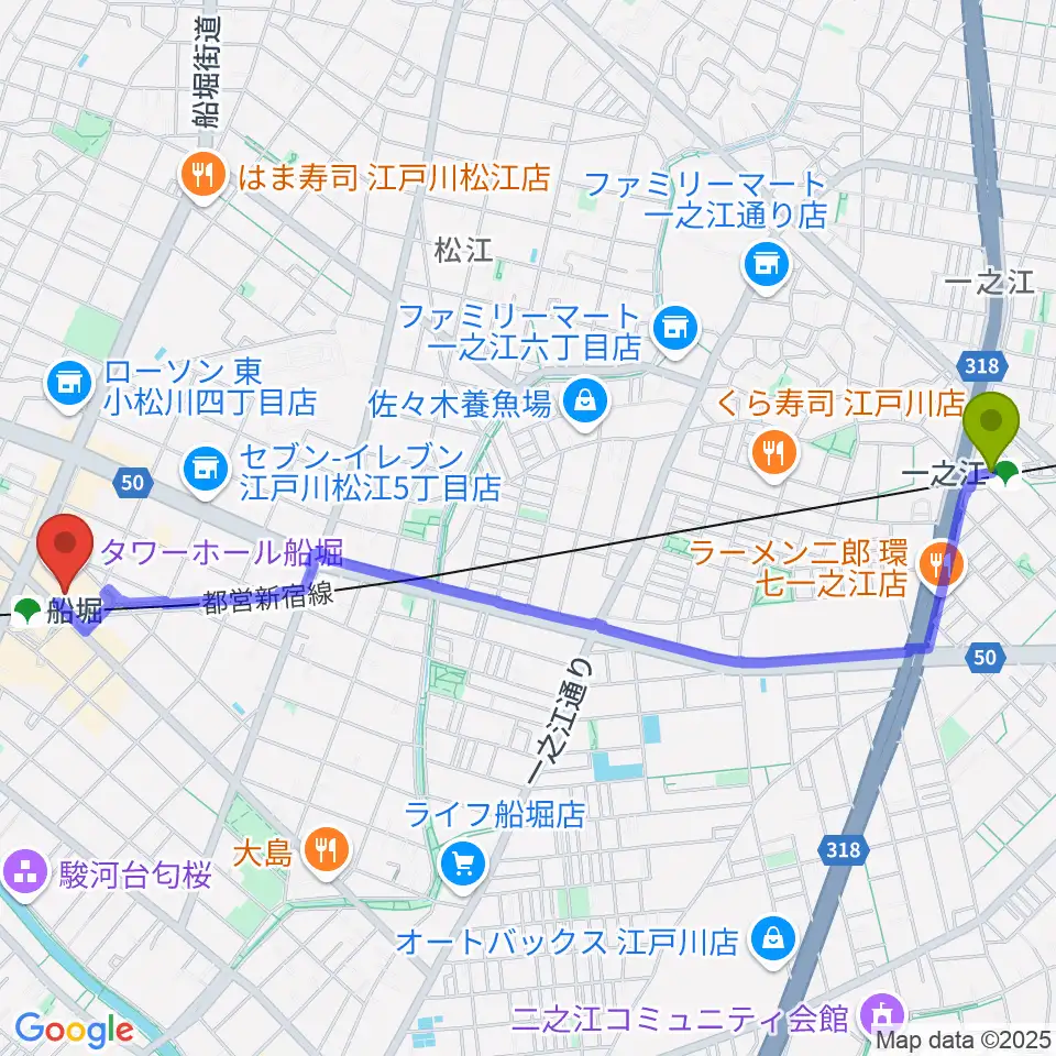 一之江駅から船堀シネパルへのルートマップ地図