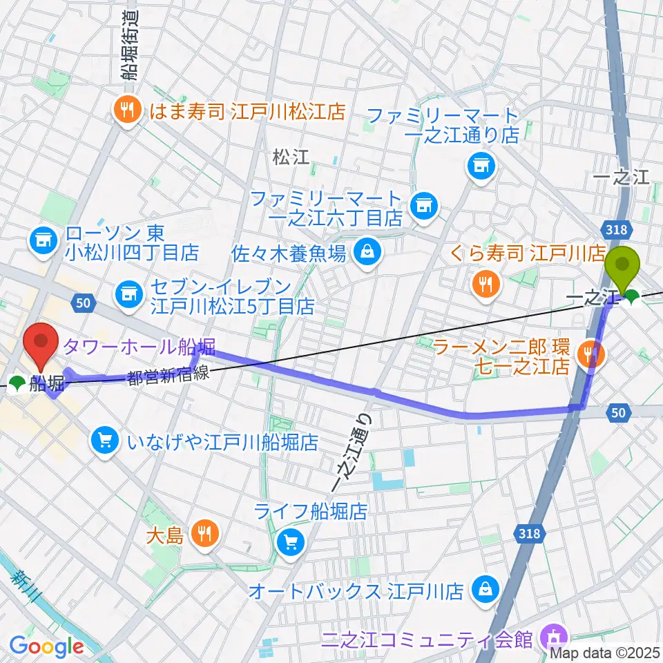一之江駅から船堀シネパルへのルートマップ地図