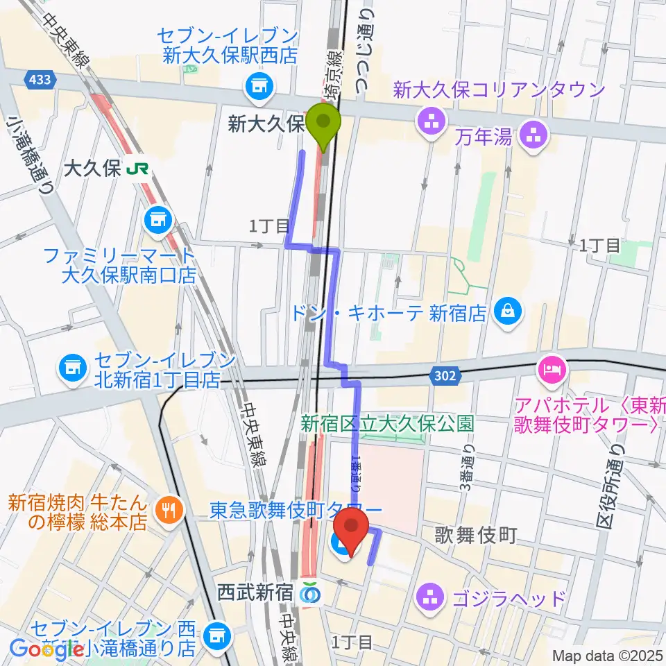 新大久保駅からシアターミラノ座へのルートマップ地図