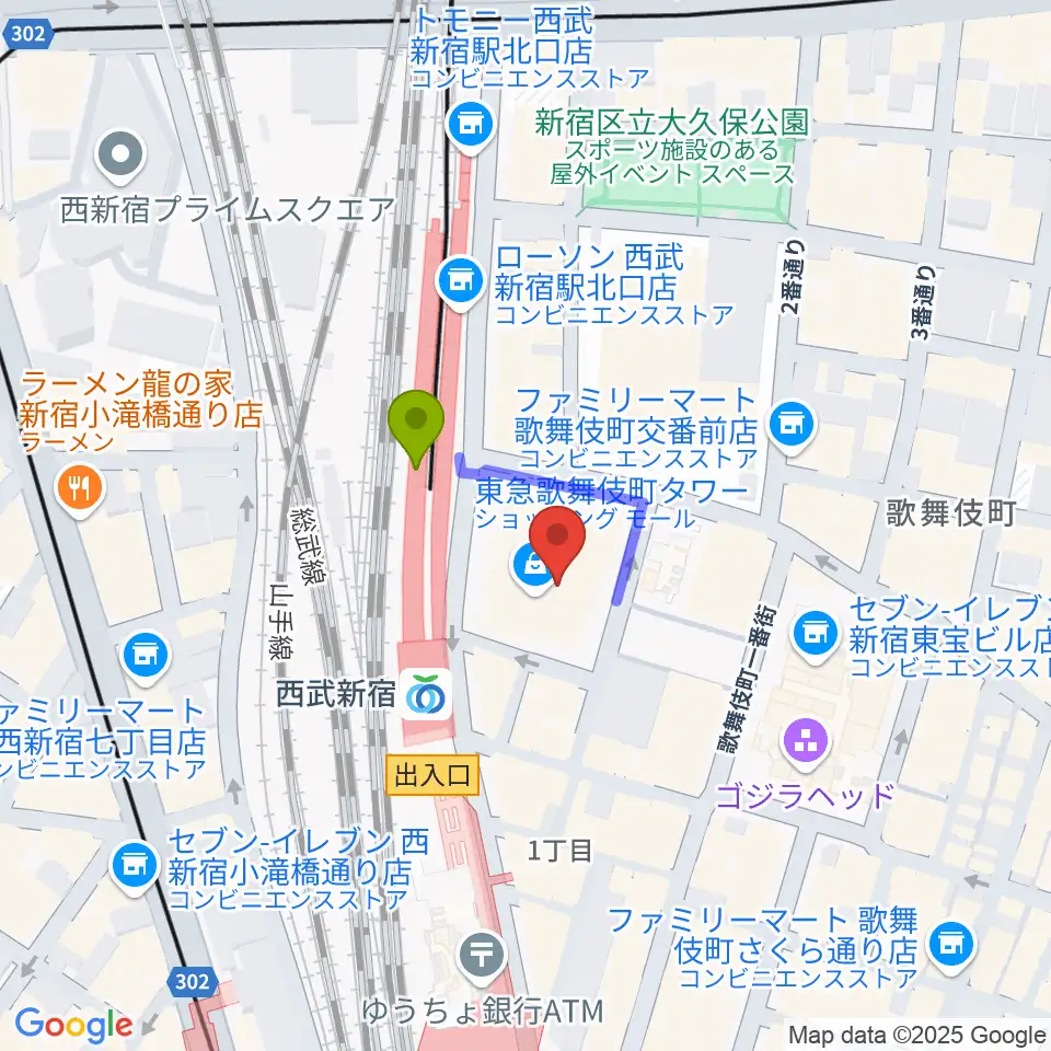 シアターミラノ座の最寄駅西武新宿駅からの徒歩ルート（約1分）地図