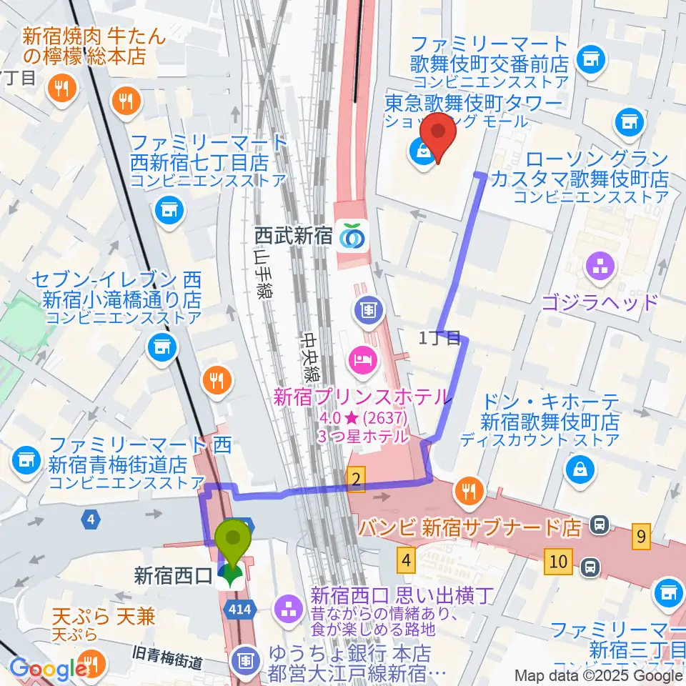 新宿西口駅からシアターミラノ座へのルートマップ地図