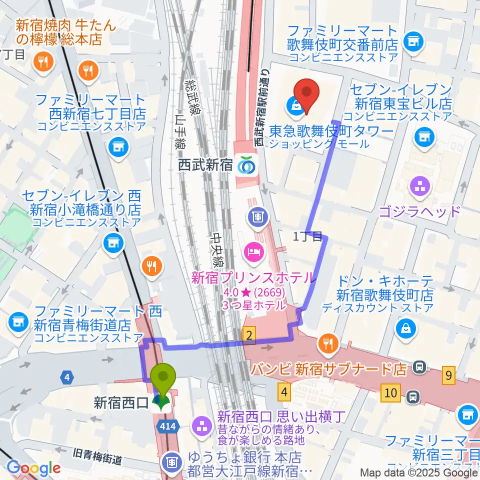 新宿西口駅からシアターミラノ座へのルートマップ地図