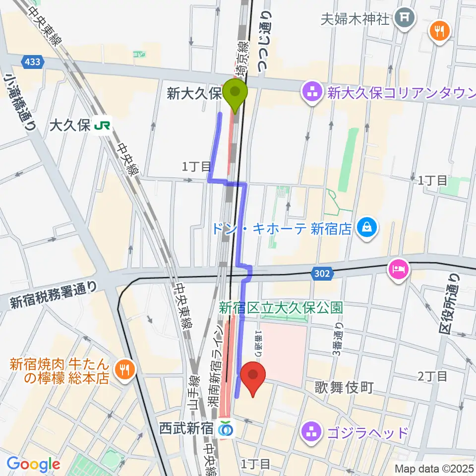 新大久保駅からZepp新宿へのルートマップ地図
