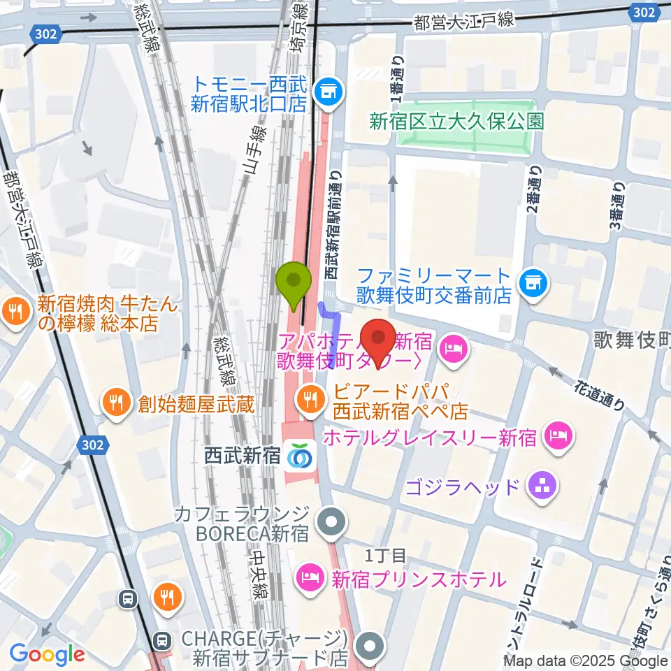 Zepp新宿の最寄駅西武新宿駅からの徒歩ルート（約1分）地図