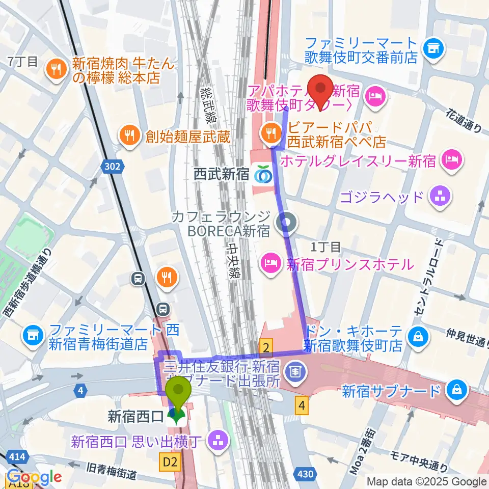 新宿西口駅からZepp新宿へのルートマップ地図
