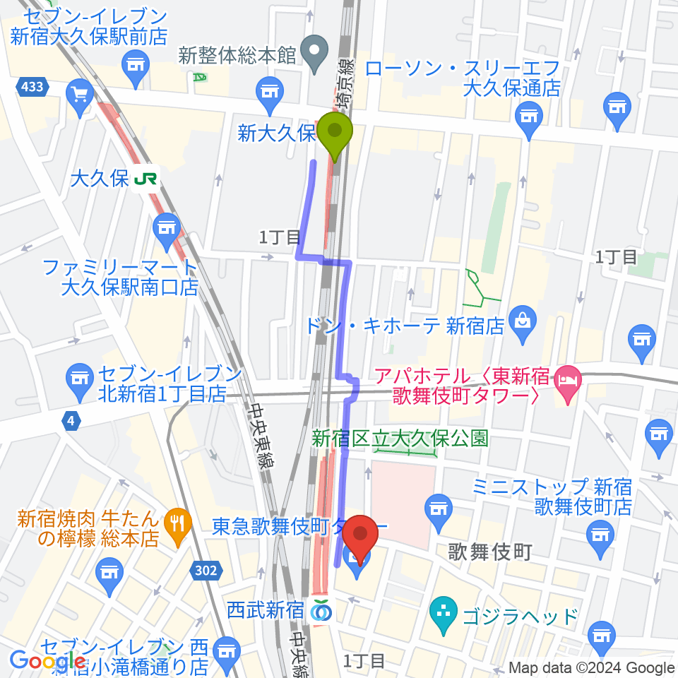 新大久保駅から109シネマズプレミアム新宿へのルートマップ地図