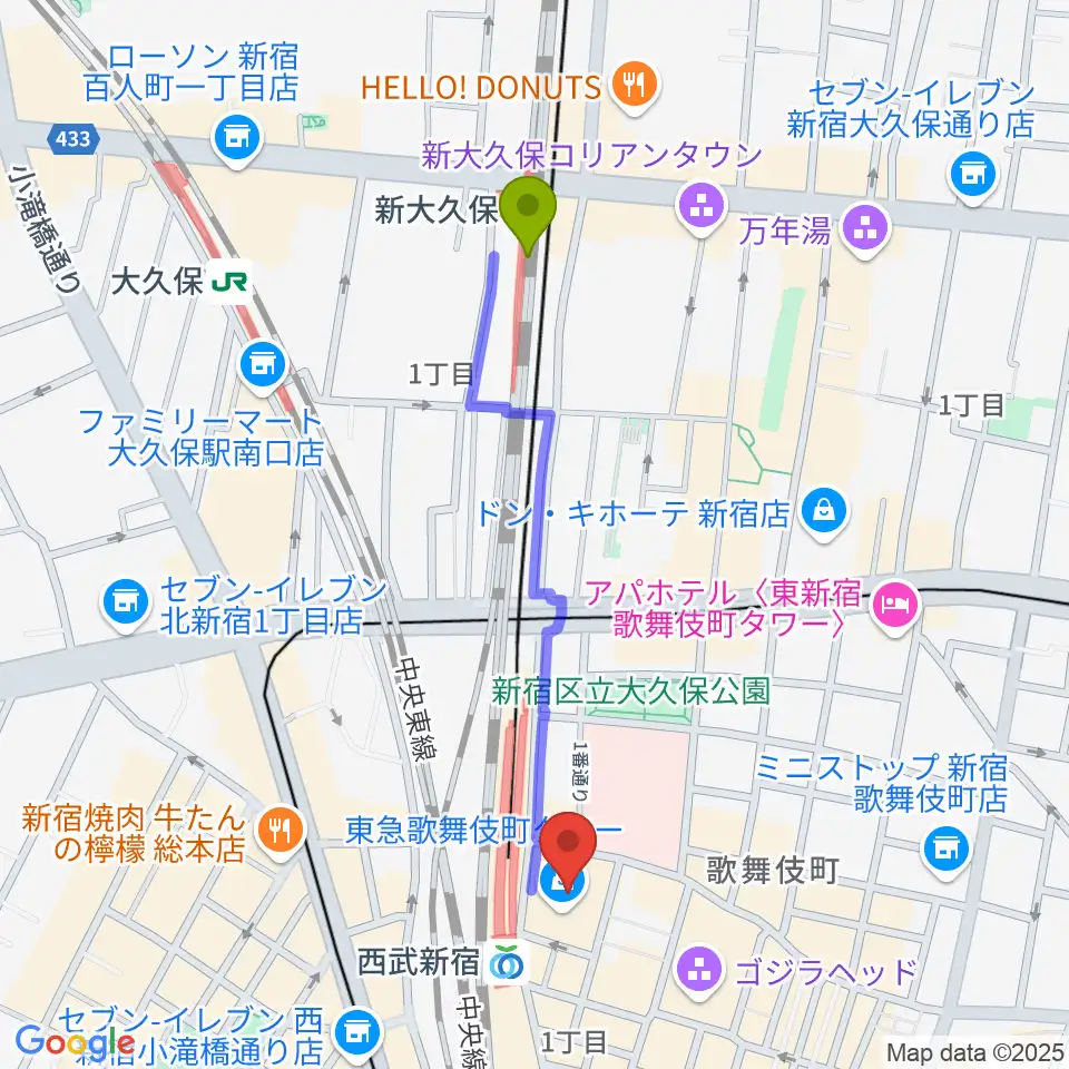 新大久保駅から109シネマズプレミアム新宿へのルートマップ地図