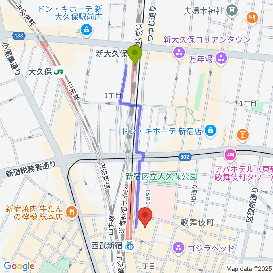 新大久保駅から109シネマズプレミアム新宿へのルートマップ地図