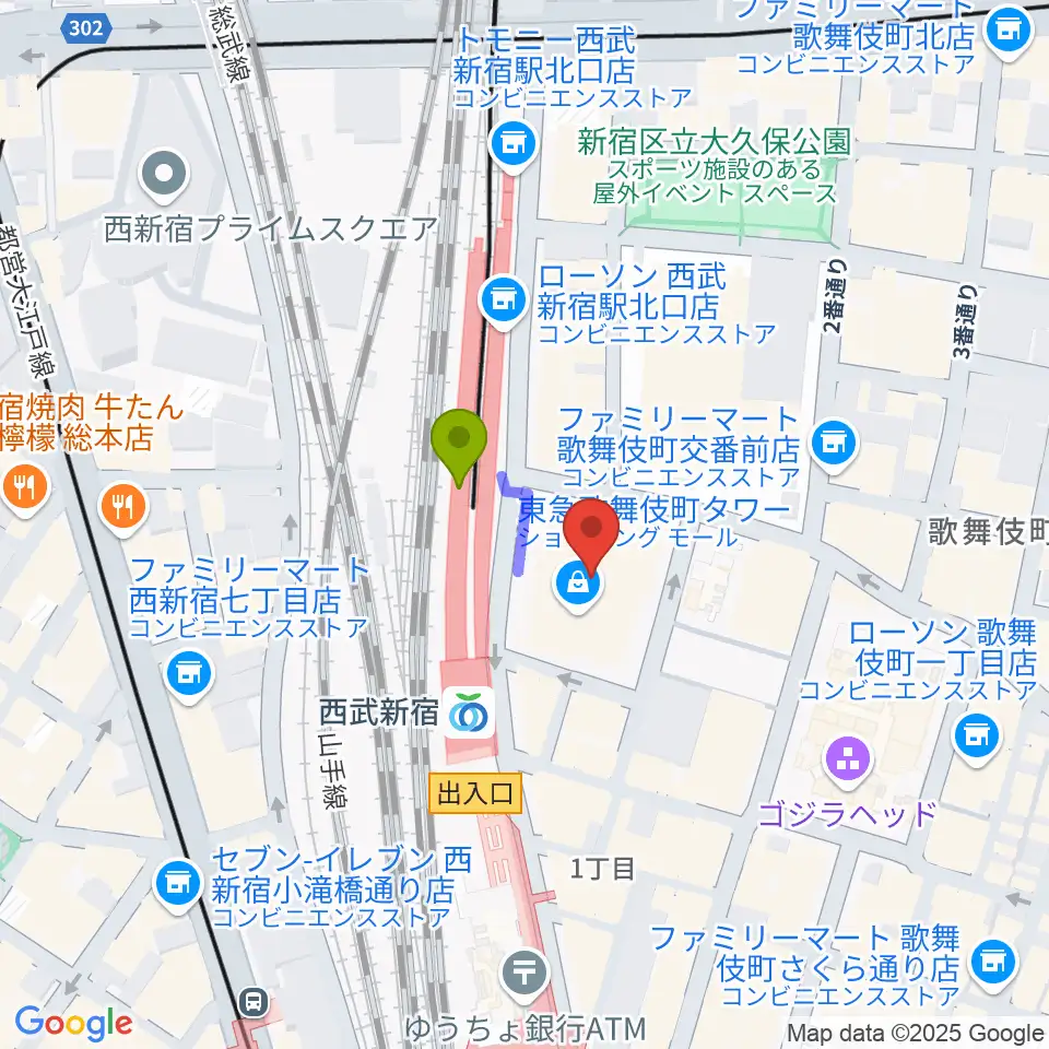 109シネマズプレミアム新宿の最寄駅西武新宿駅からの徒歩ルート（約1分）地図