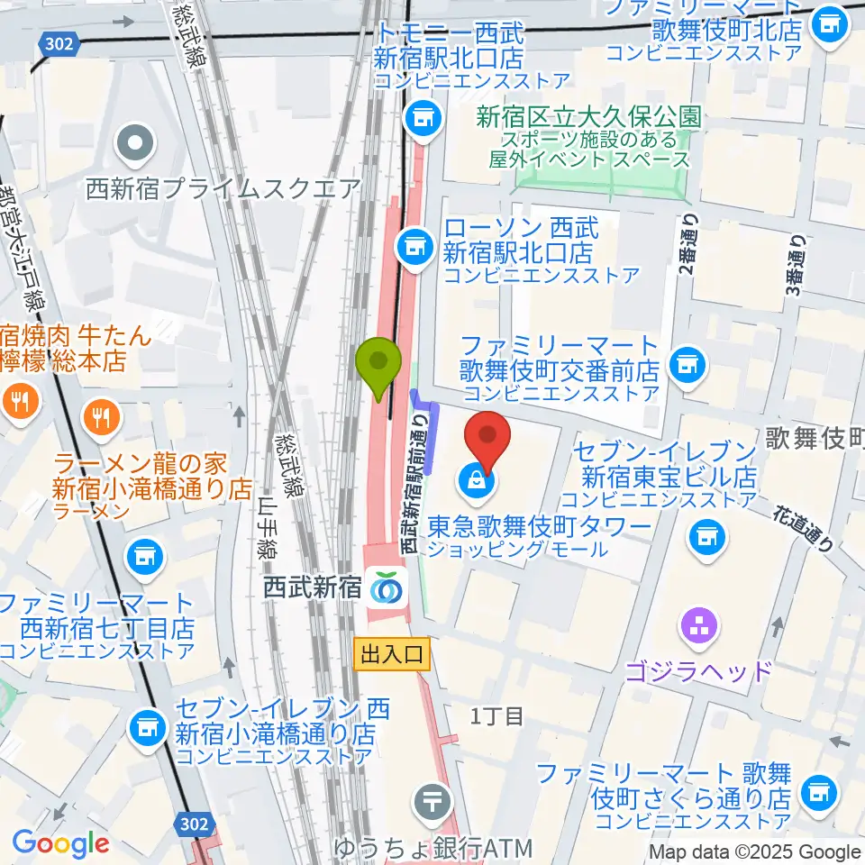 109シネマズプレミアム新宿の最寄駅西武新宿駅からの徒歩ルート（約1分）地図