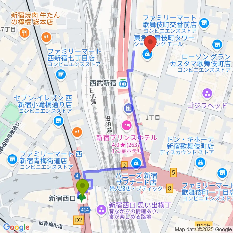 新宿西口駅から109シネマズプレミアム新宿へのルートマップ地図