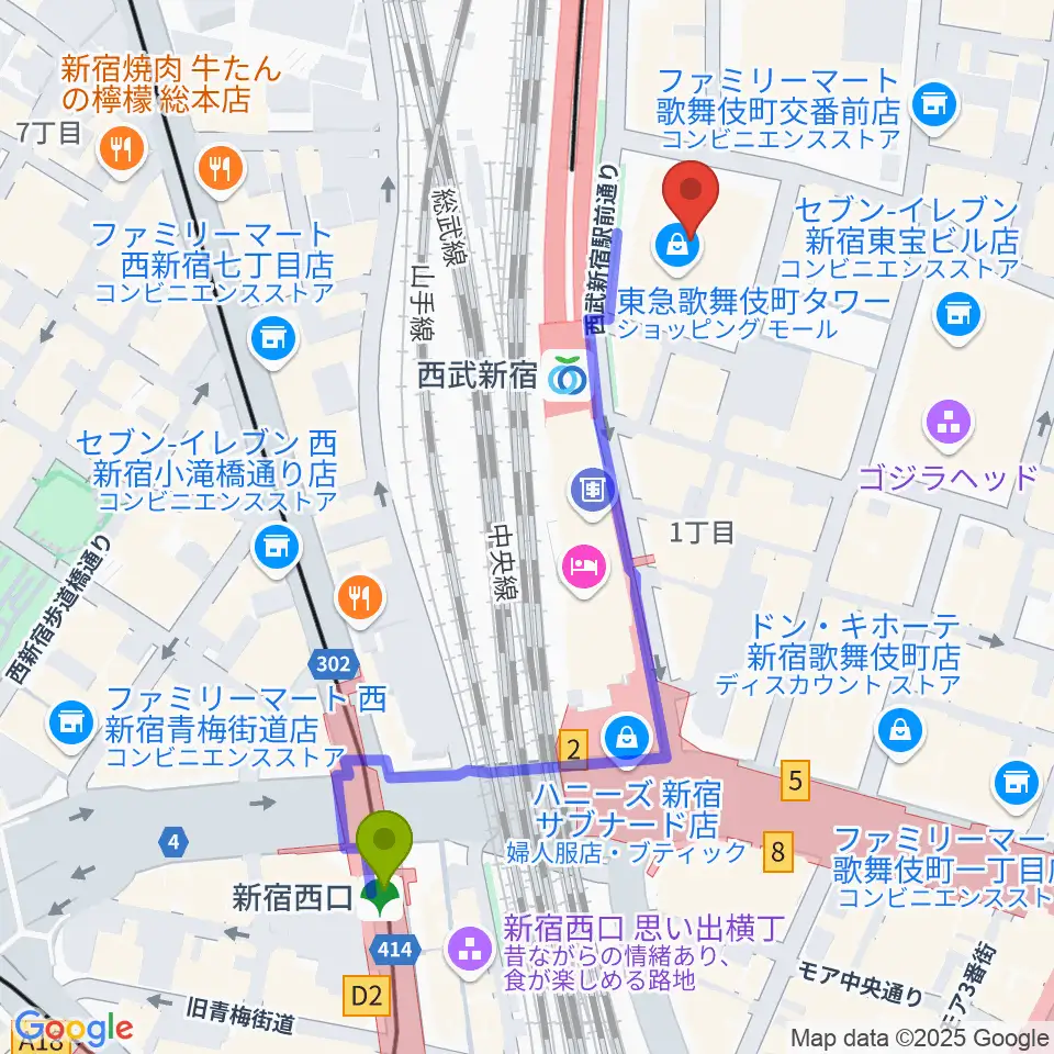 新宿西口駅から109シネマズプレミアム新宿へのルートマップ地図