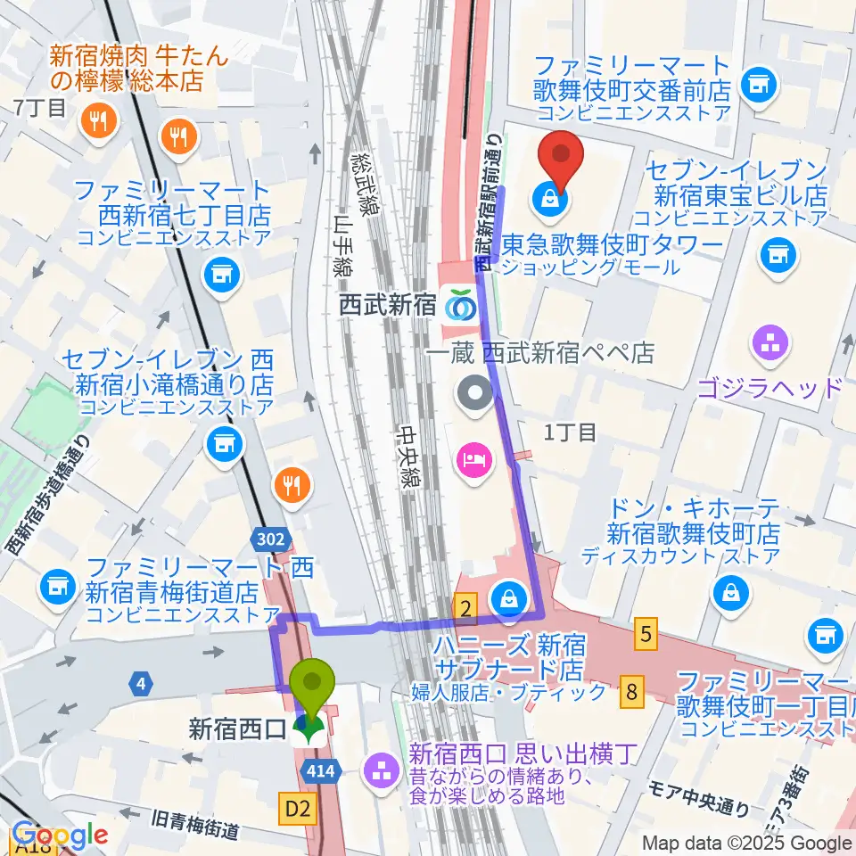 新宿西口駅から109シネマズプレミアム新宿へのルートマップ地図