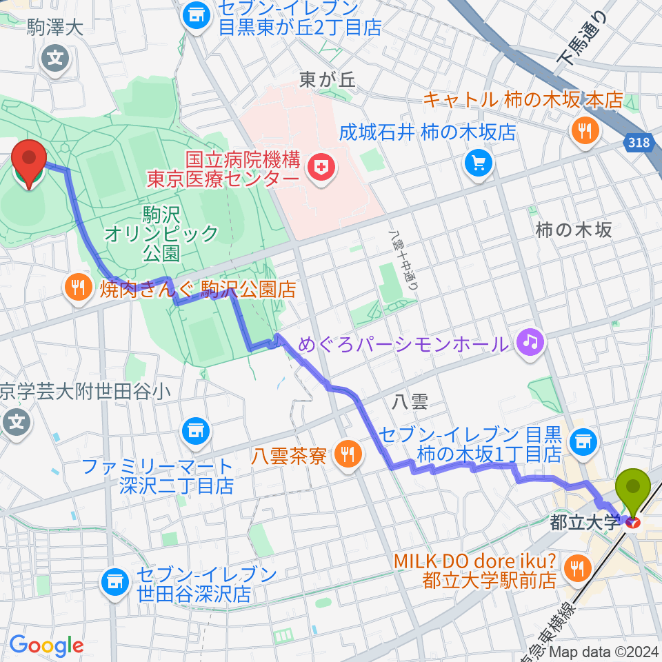 都立大学駅から駒沢オリンピック公園硬式野球場へのルートマップ地図